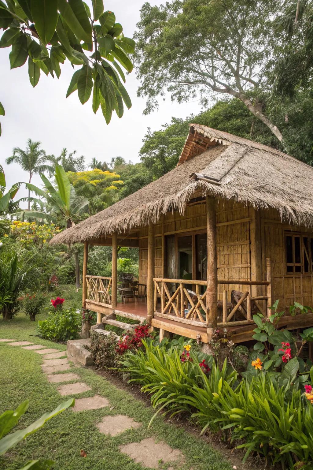 A rustic bamboo bungalow that invites relaxation and simplicity.