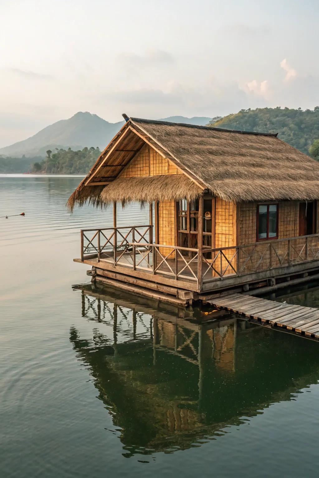 A floating bamboo house that offers peace and adventure.