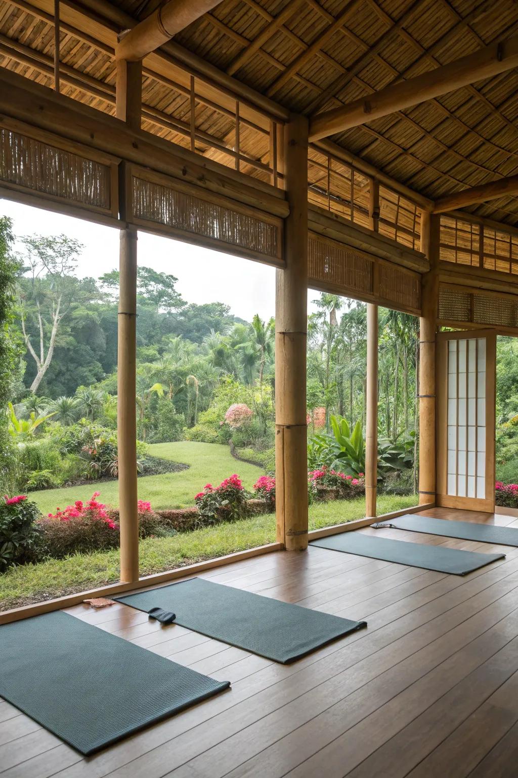 A bamboo yoga studio that inspires tranquility and focus.