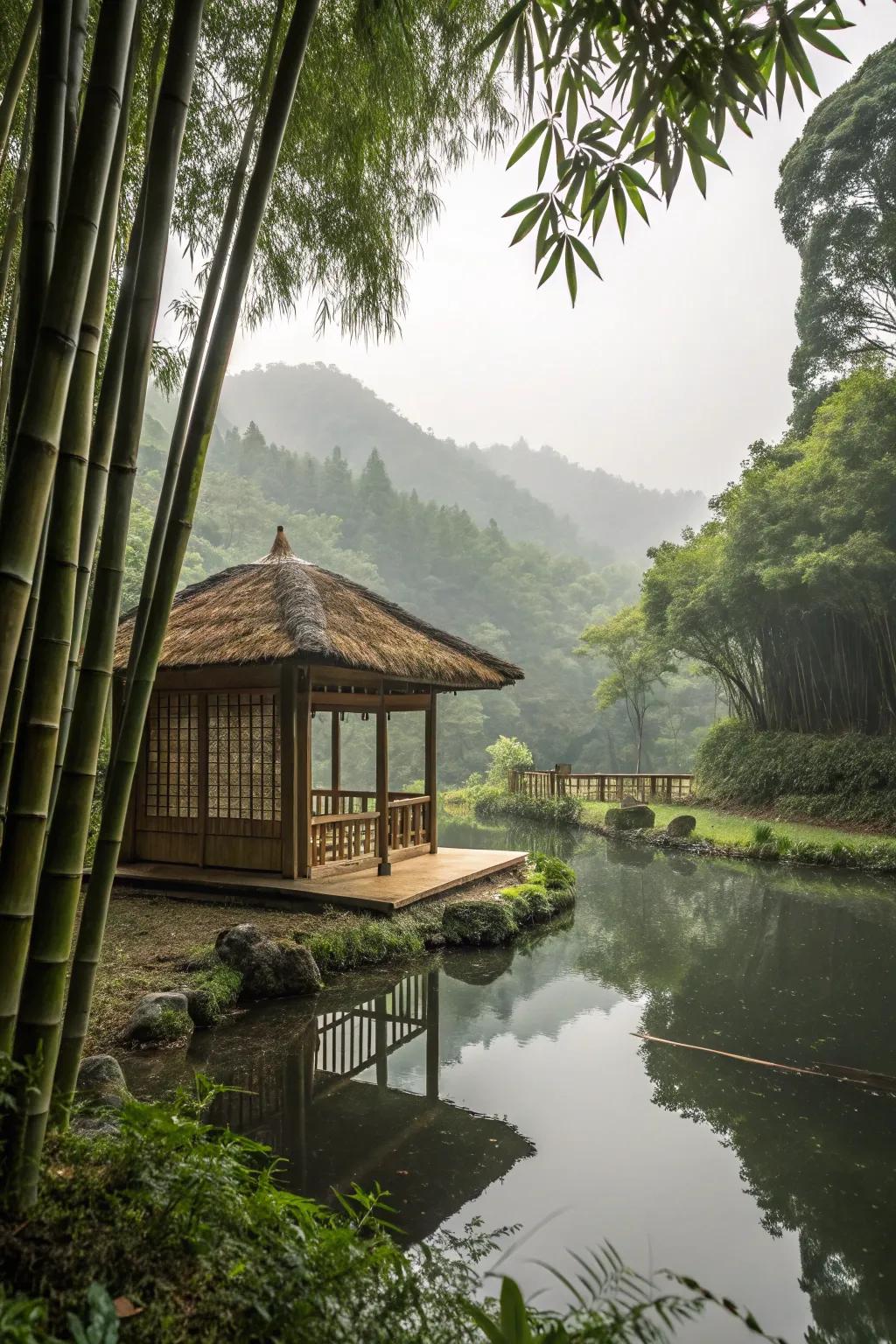 A bamboo meditation sanctuary that fosters tranquility and mindfulness.