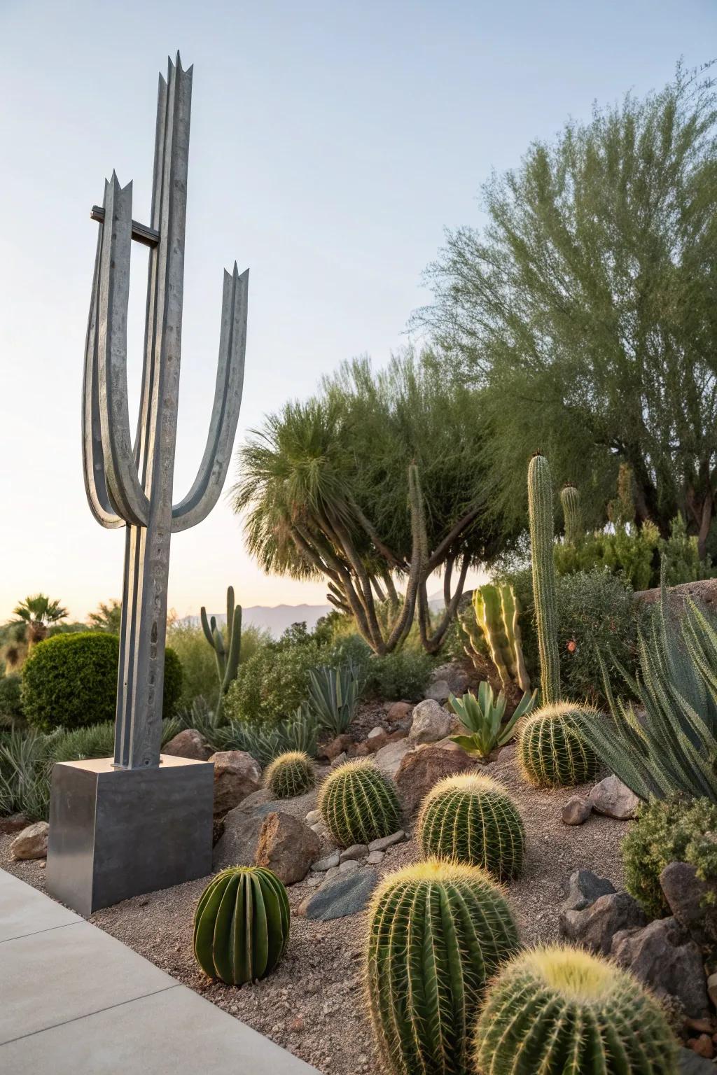 A modern sculpture adding an artistic flair to the garden.