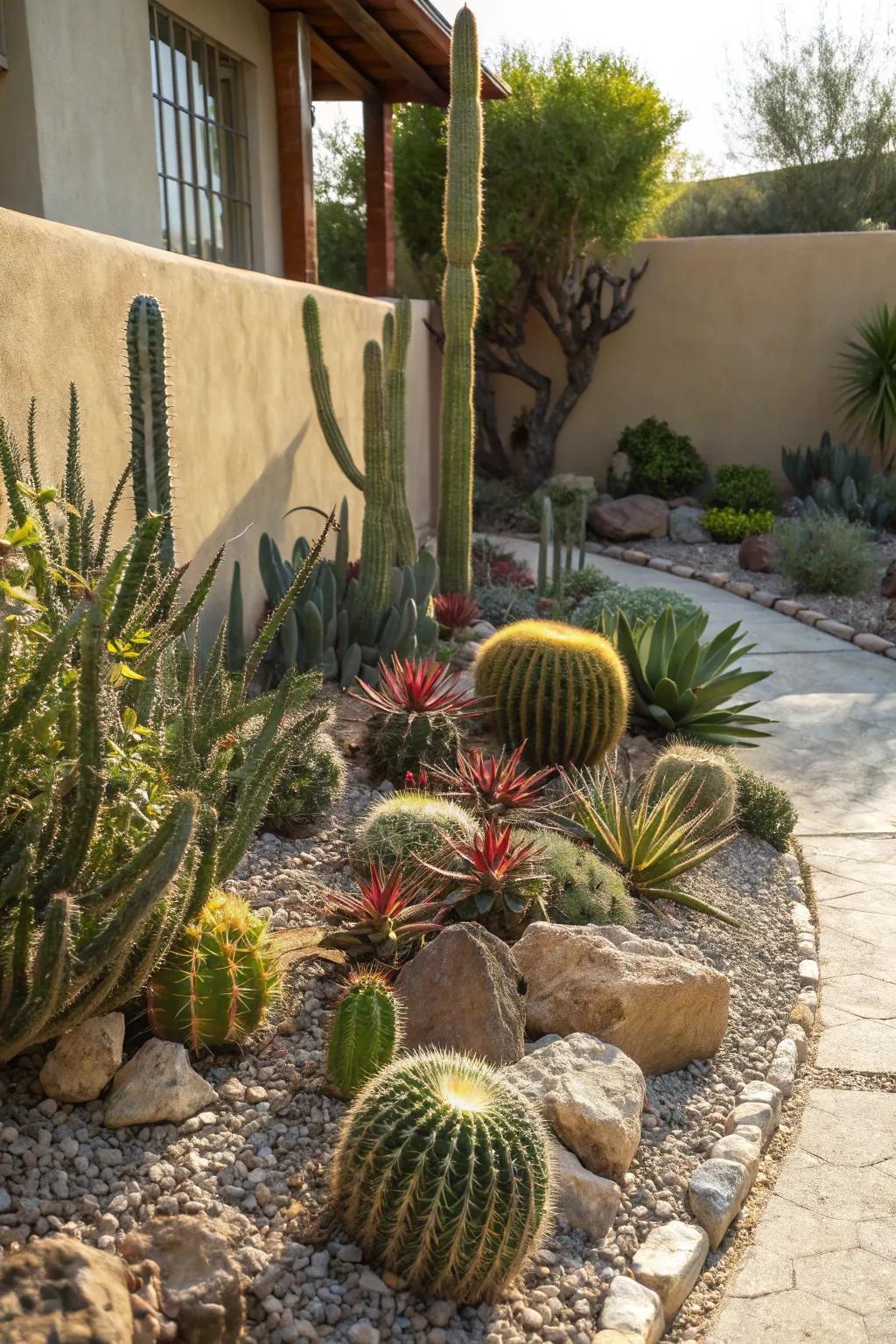 A garden corner flourishing with diverse cacti and succulents.