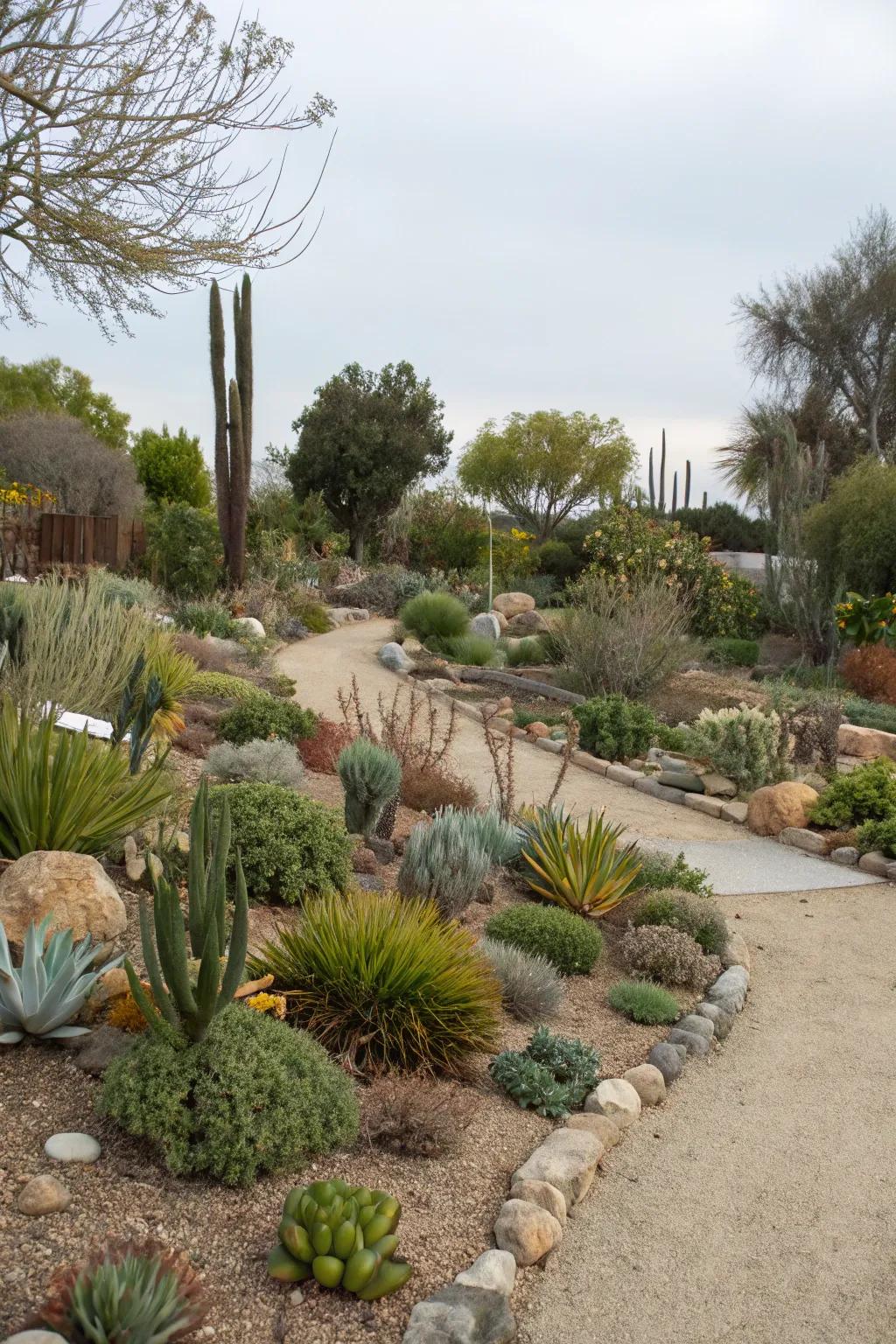 A sustainable xeriscaped garden thriving in arid conditions.