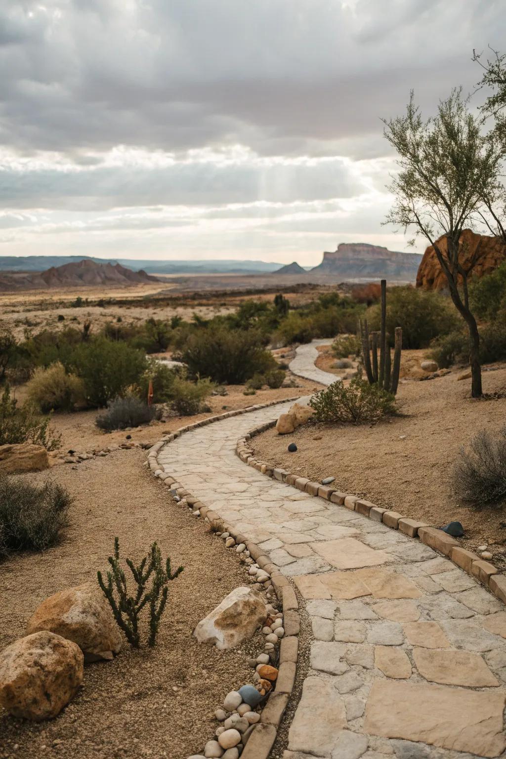A winding stone path creating a peaceful walkway through the garden.