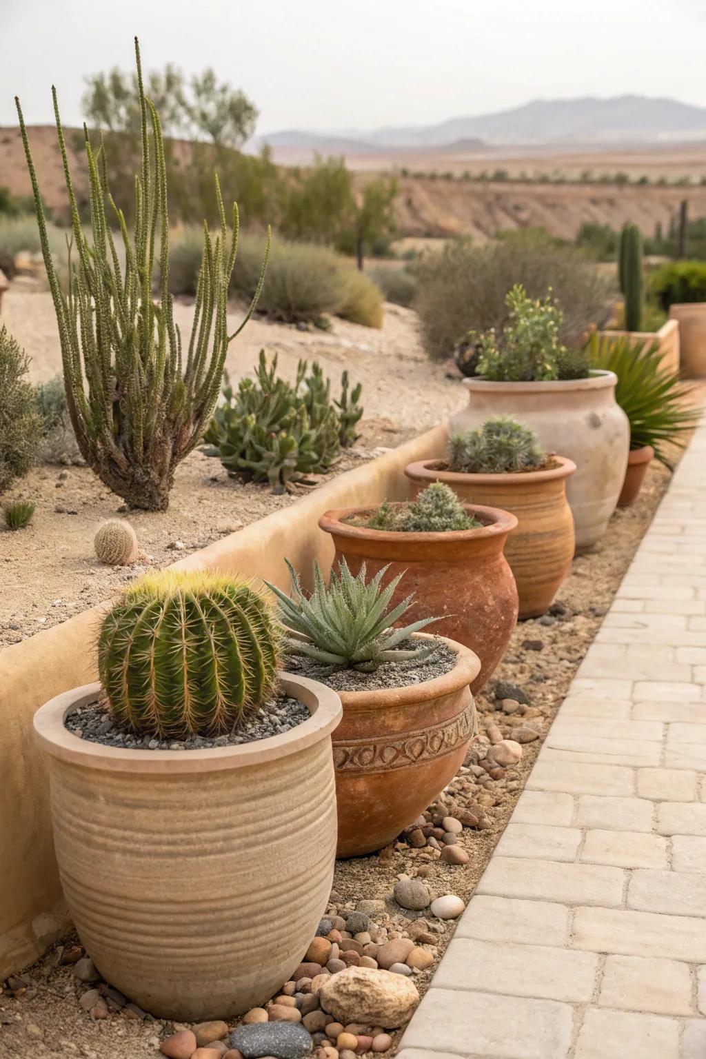 Earthy-toned pots harmonizing with the desert landscape.
