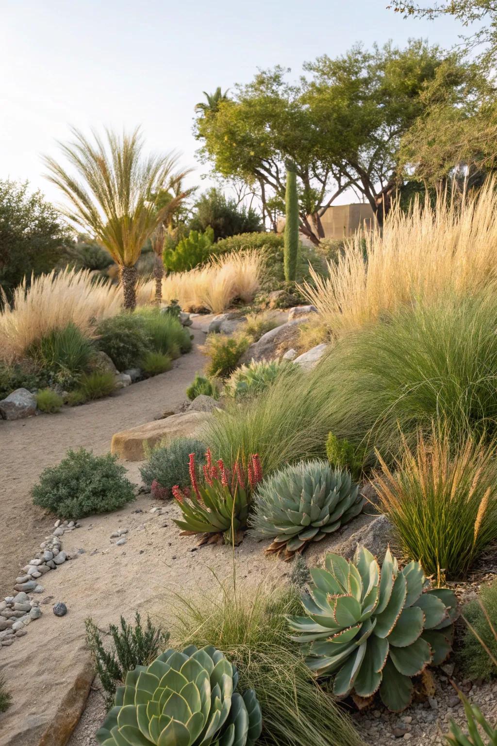 A garden rich in texture and contrast with various plant heights.