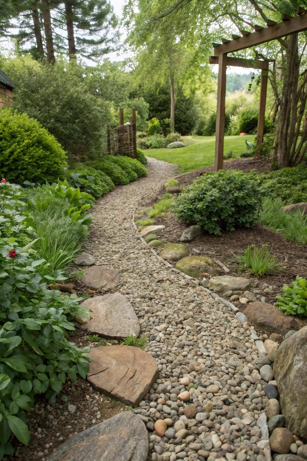 Gravel and rocks providing an attractive ground cover in the garden.