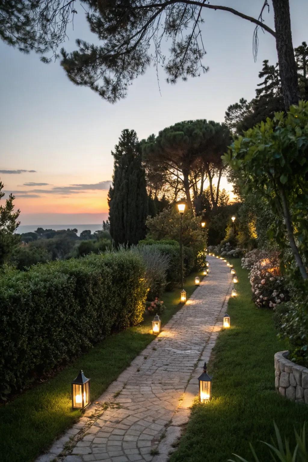 Solar lights creating an enchanting evening atmosphere.