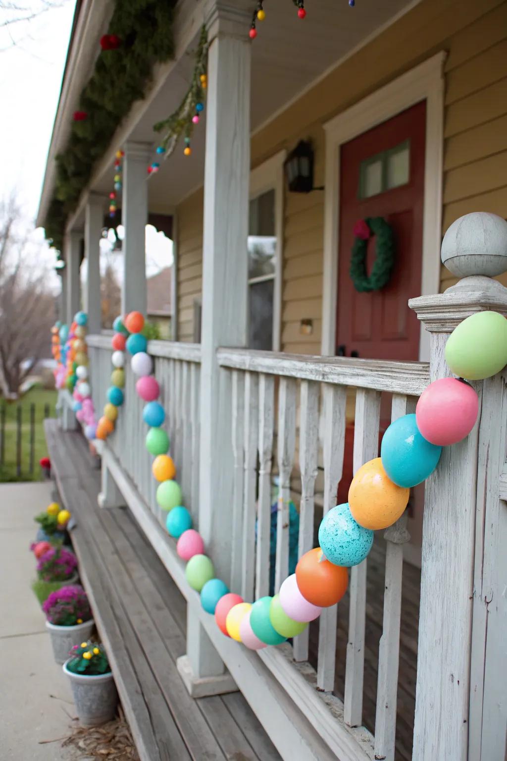 A garland of eggs adds a festive touch to your porch.