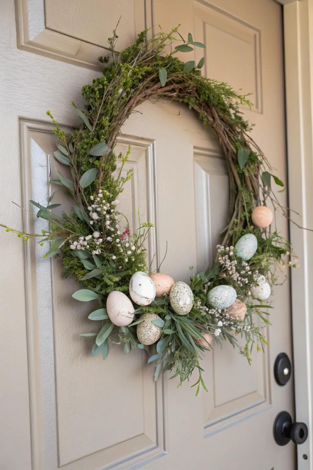A pastel egg wreath adds a welcoming touch to any porch.