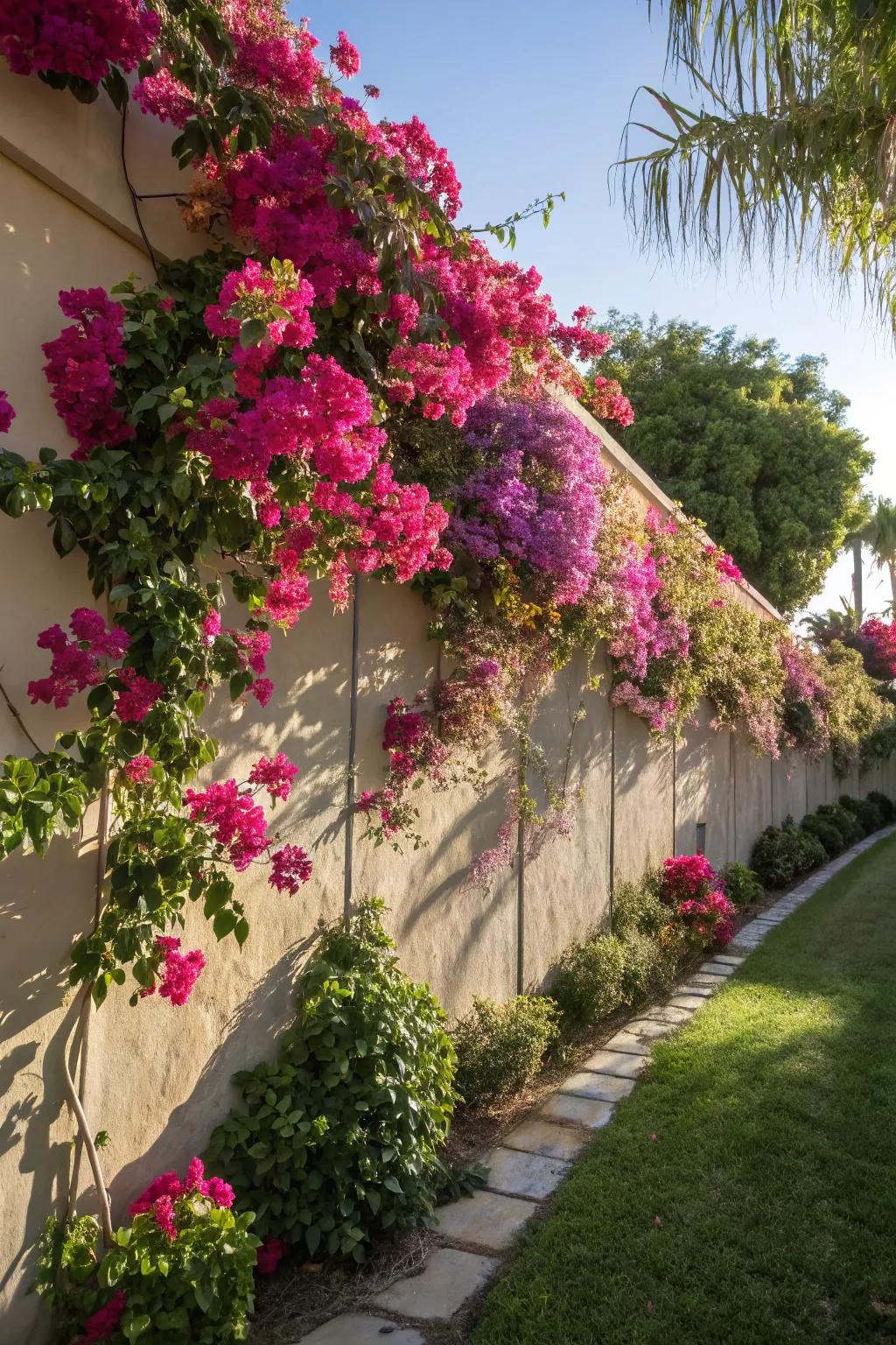 Espaliered bougainvillea creates a unique garden feature.