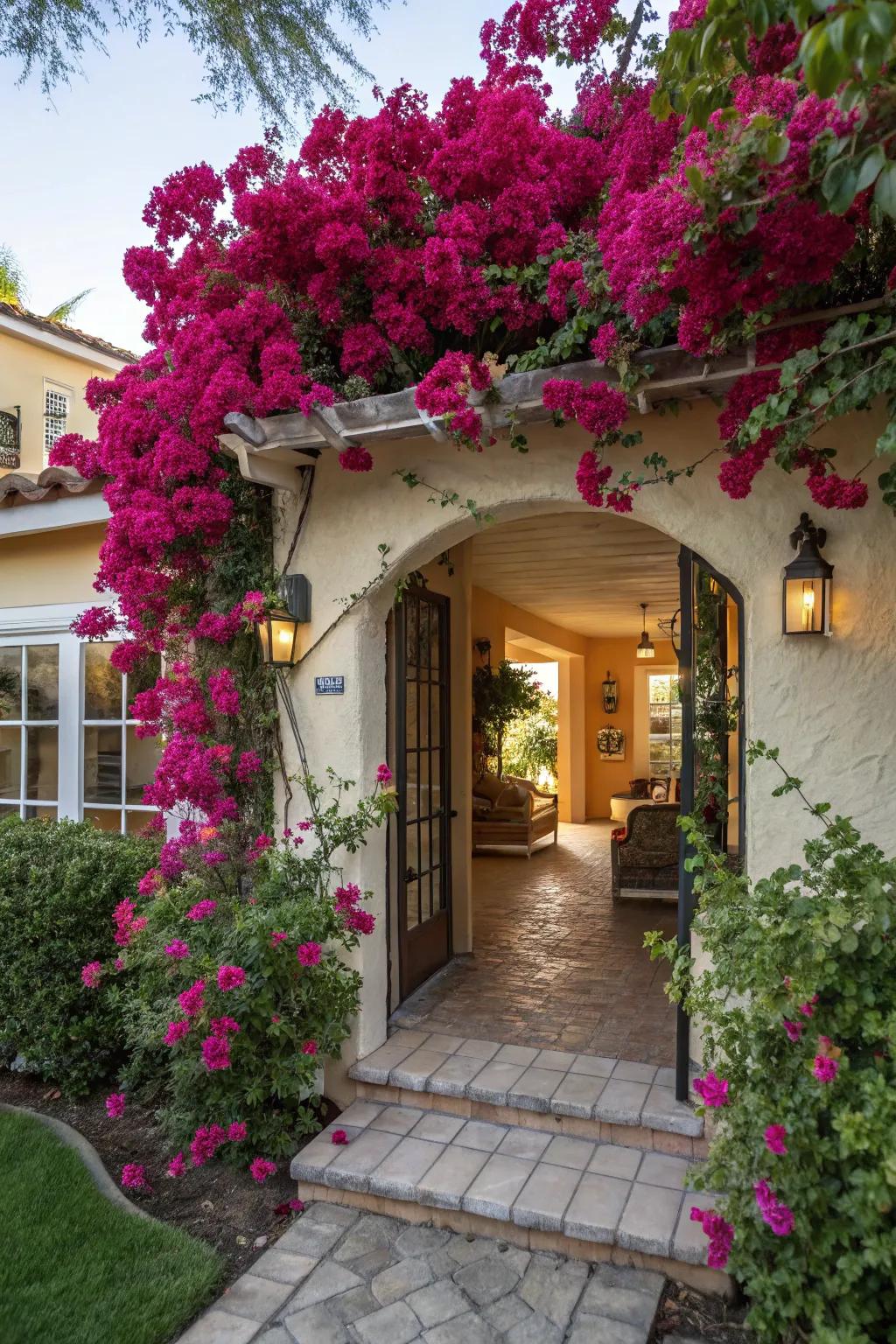 A bougainvillea-framed entryway creates a colorful welcome.