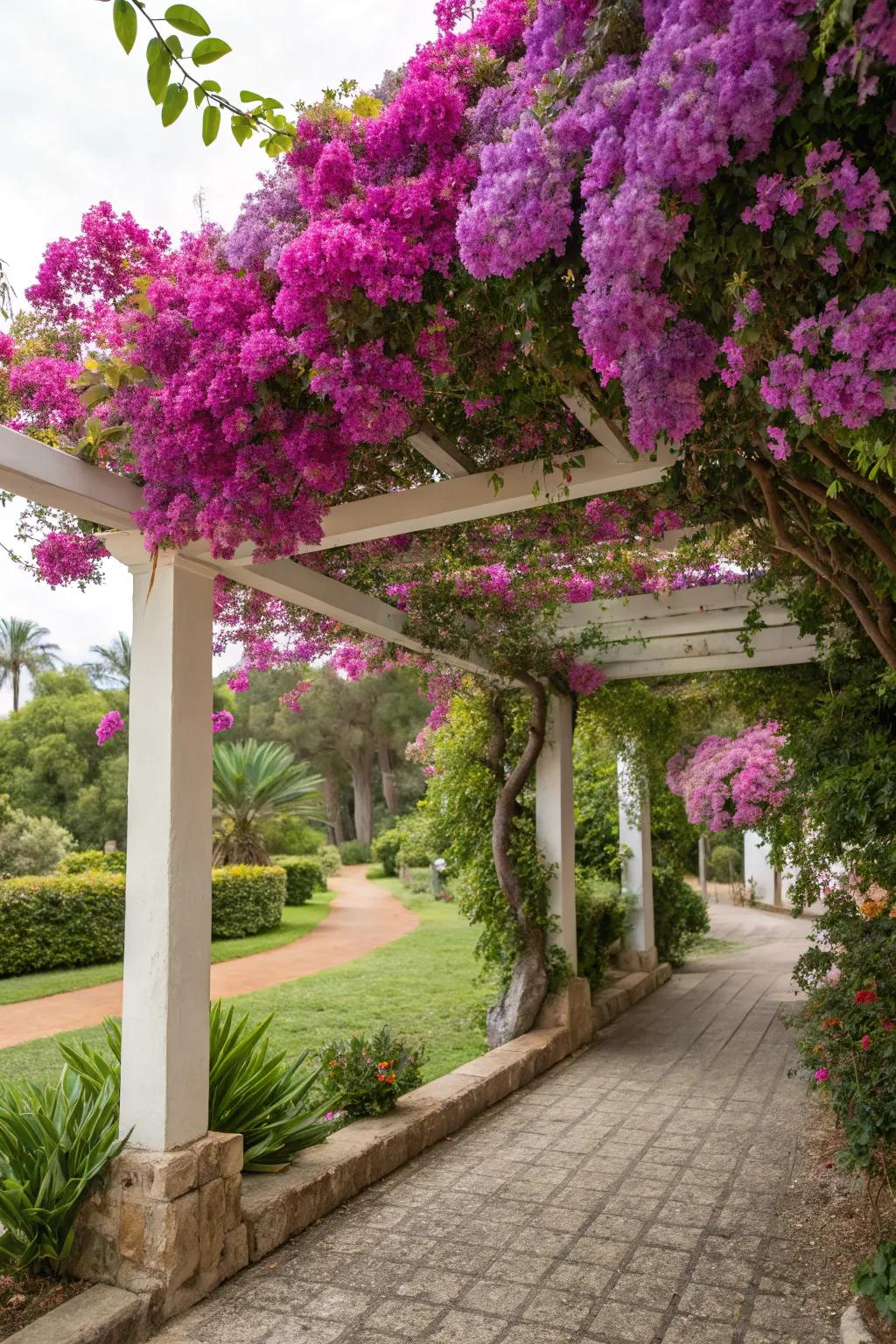 A bougainvillea-covered pergola offers a shaded garden escape.