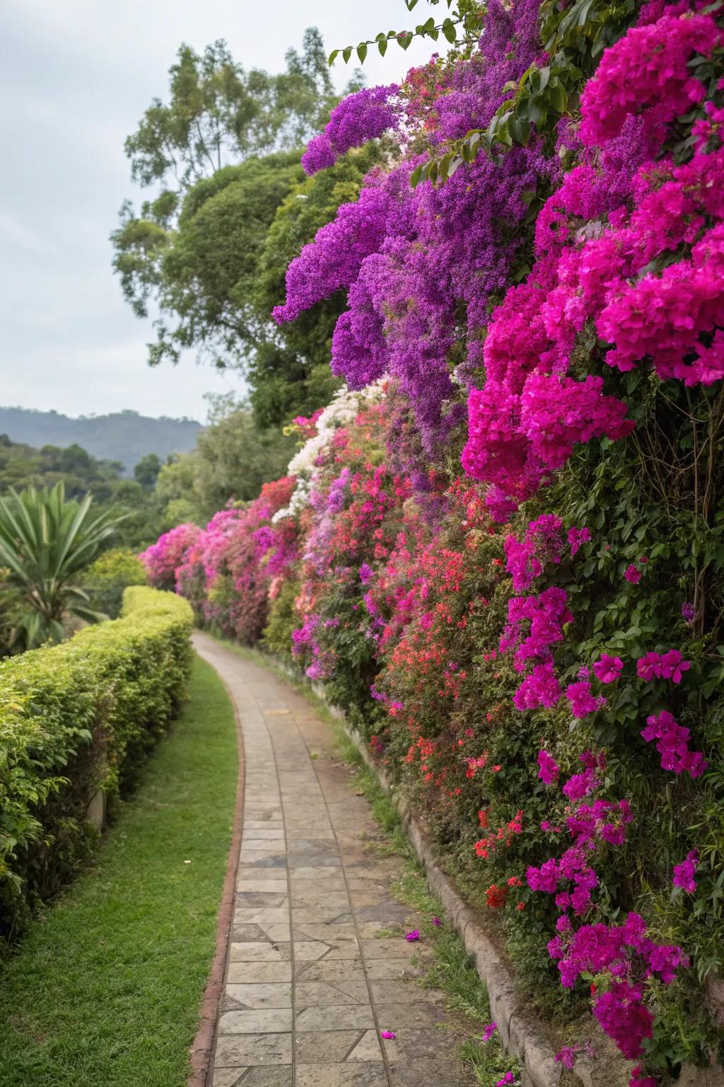 Bougainvillea hedges offer a colorful garden boundary.
