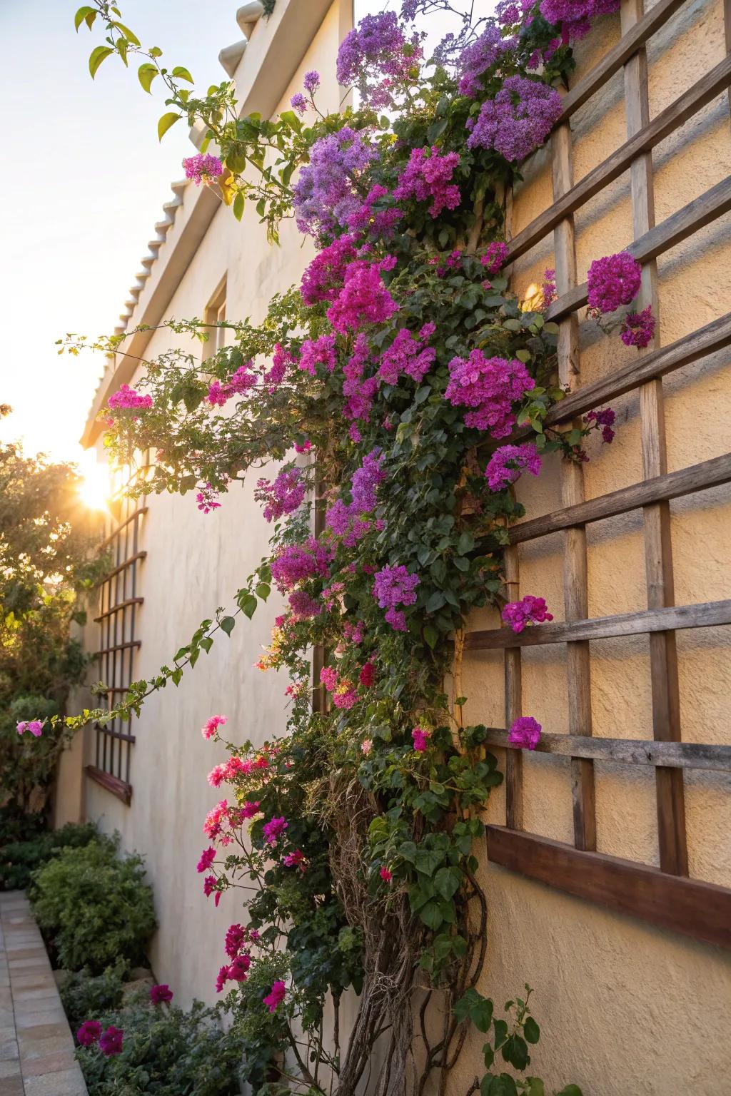 Bougainvillea on trellises adds vertical flair to gardens.