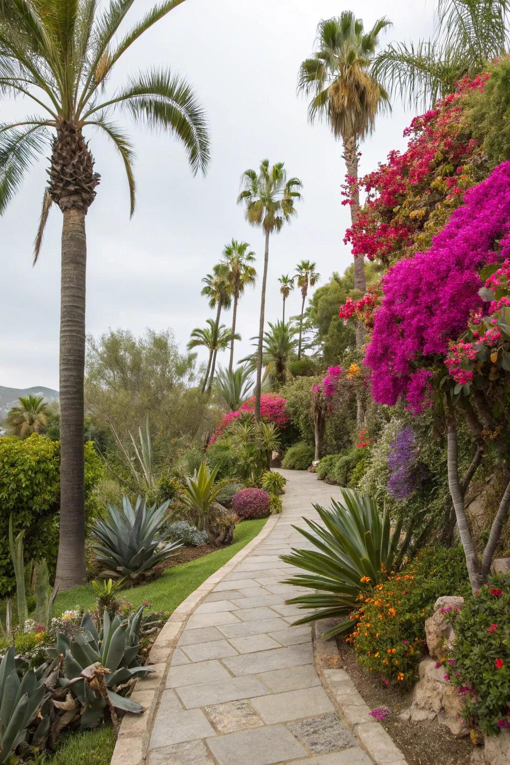 Bougainvillea complements a lush tropical garden setting.