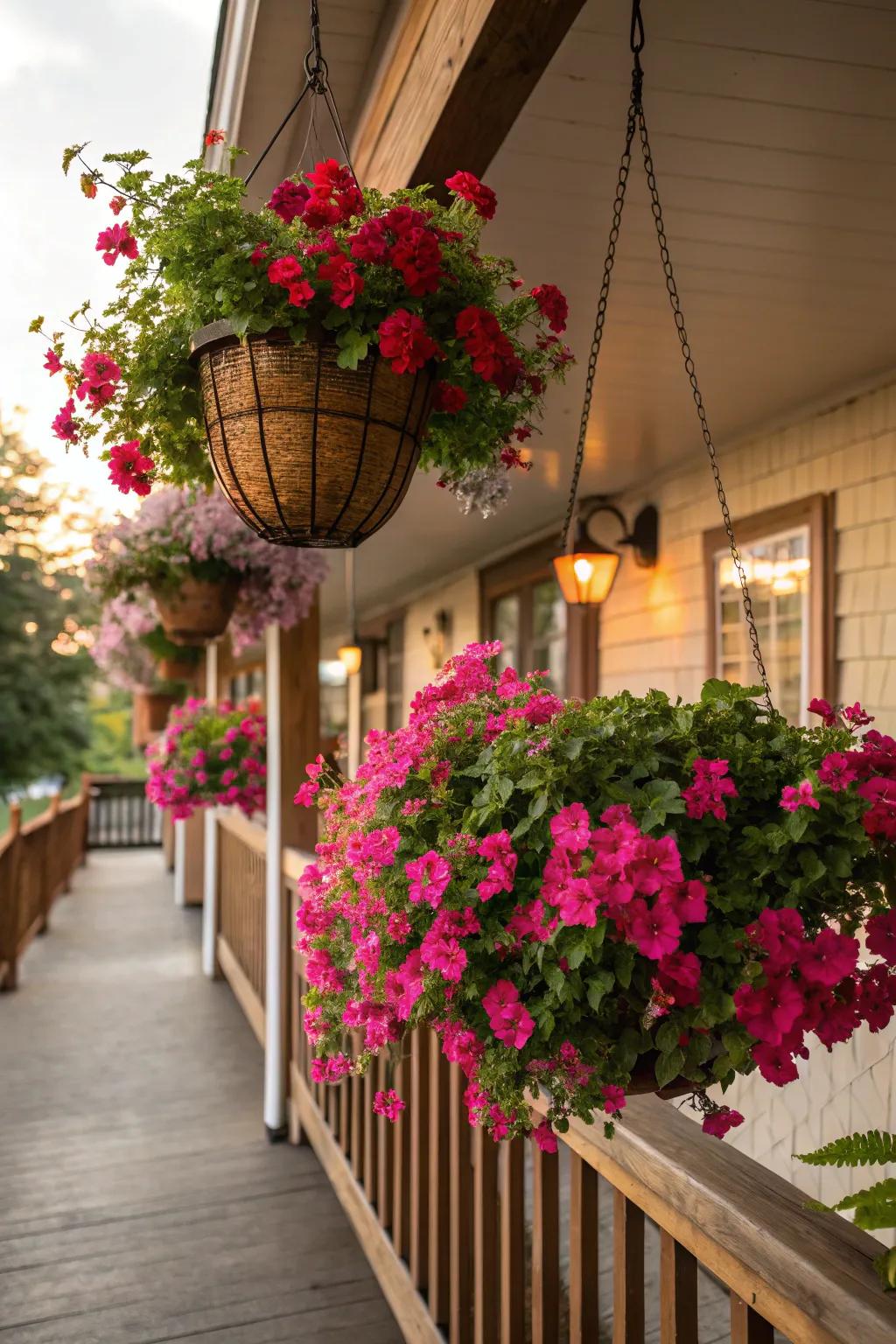 Hanging bougainvillea baskets add color to outdoor spaces.