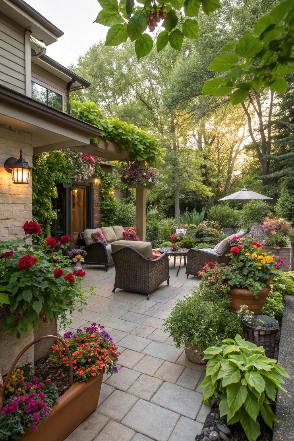 A burst of color with planters full of vibrant blooms.
