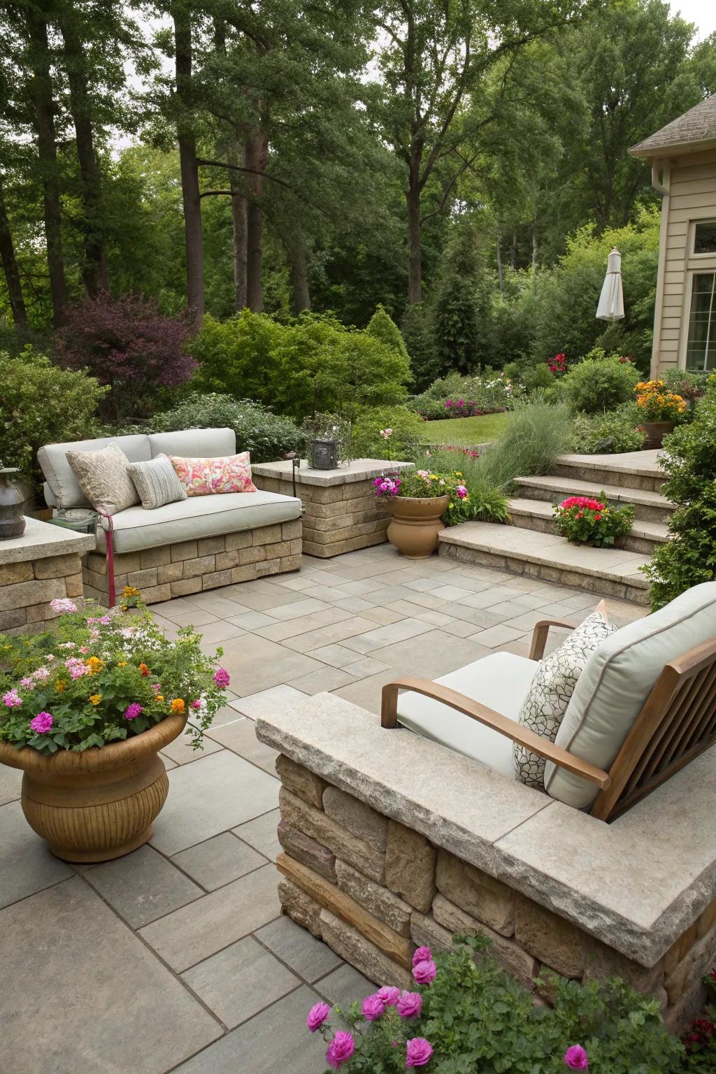 Timeless natural stone elements enriching the patio.
