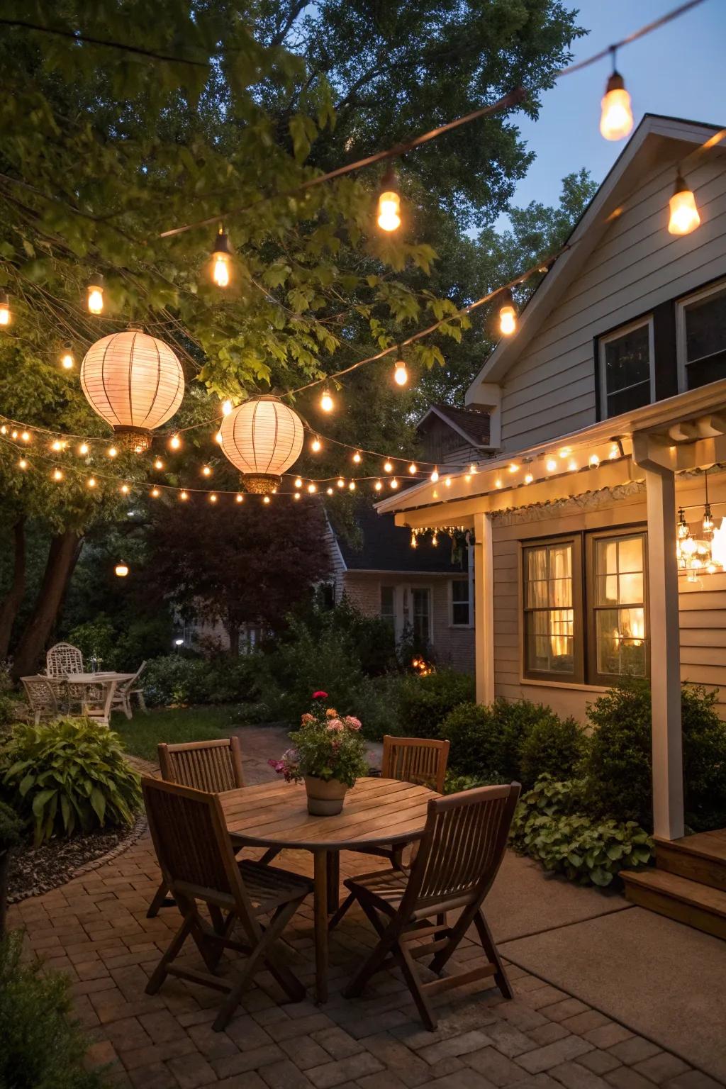 A patio aglow with enchanting evening lighting.