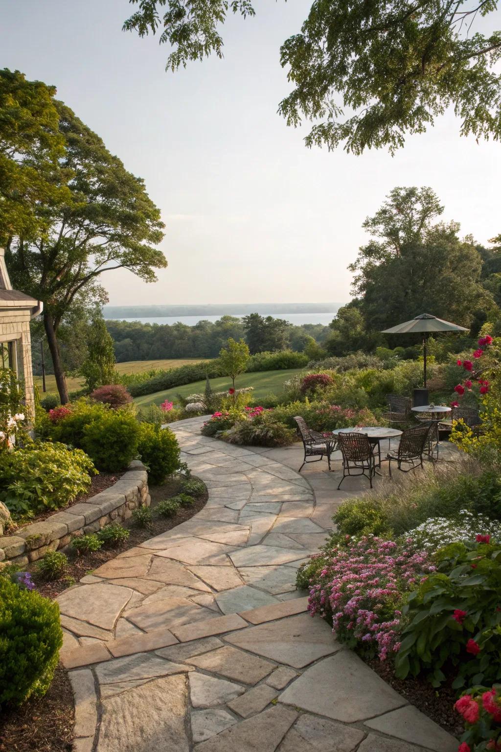 Charming stone pathways enhancing the patio's aesthetic.