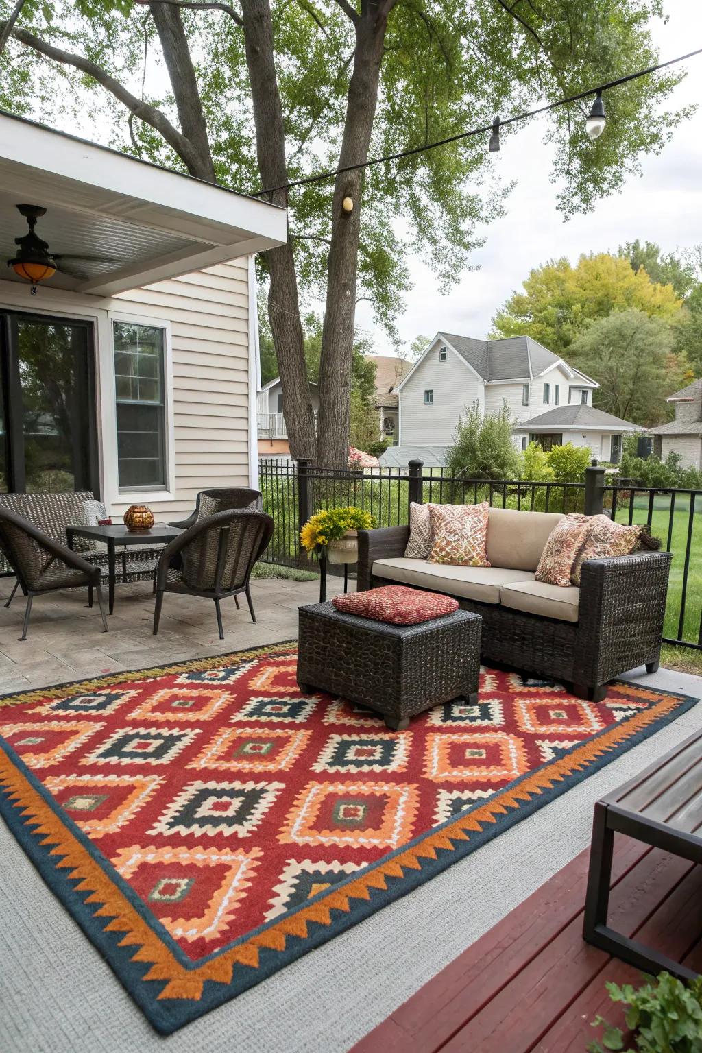 An outdoor rug adding comfort and style to the patio.