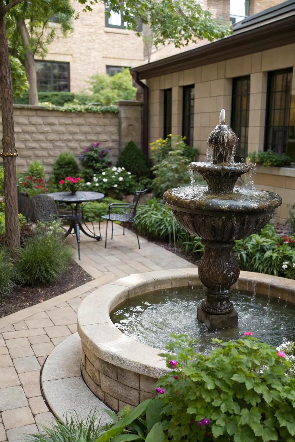 A calming water feature adding tranquility to the patio.