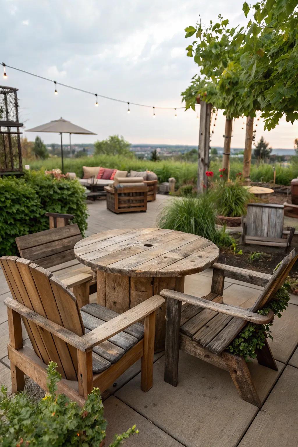 Beautifully crafted reclaimed wood furniture adding rustic charm.