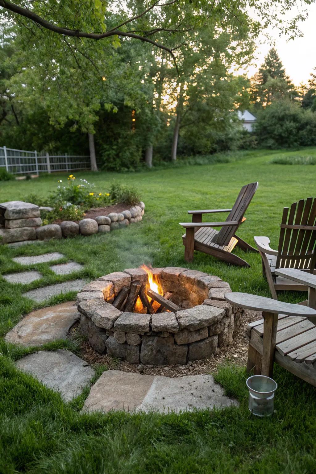 A rustic classic stone circle fire pit adds charm and functionality.