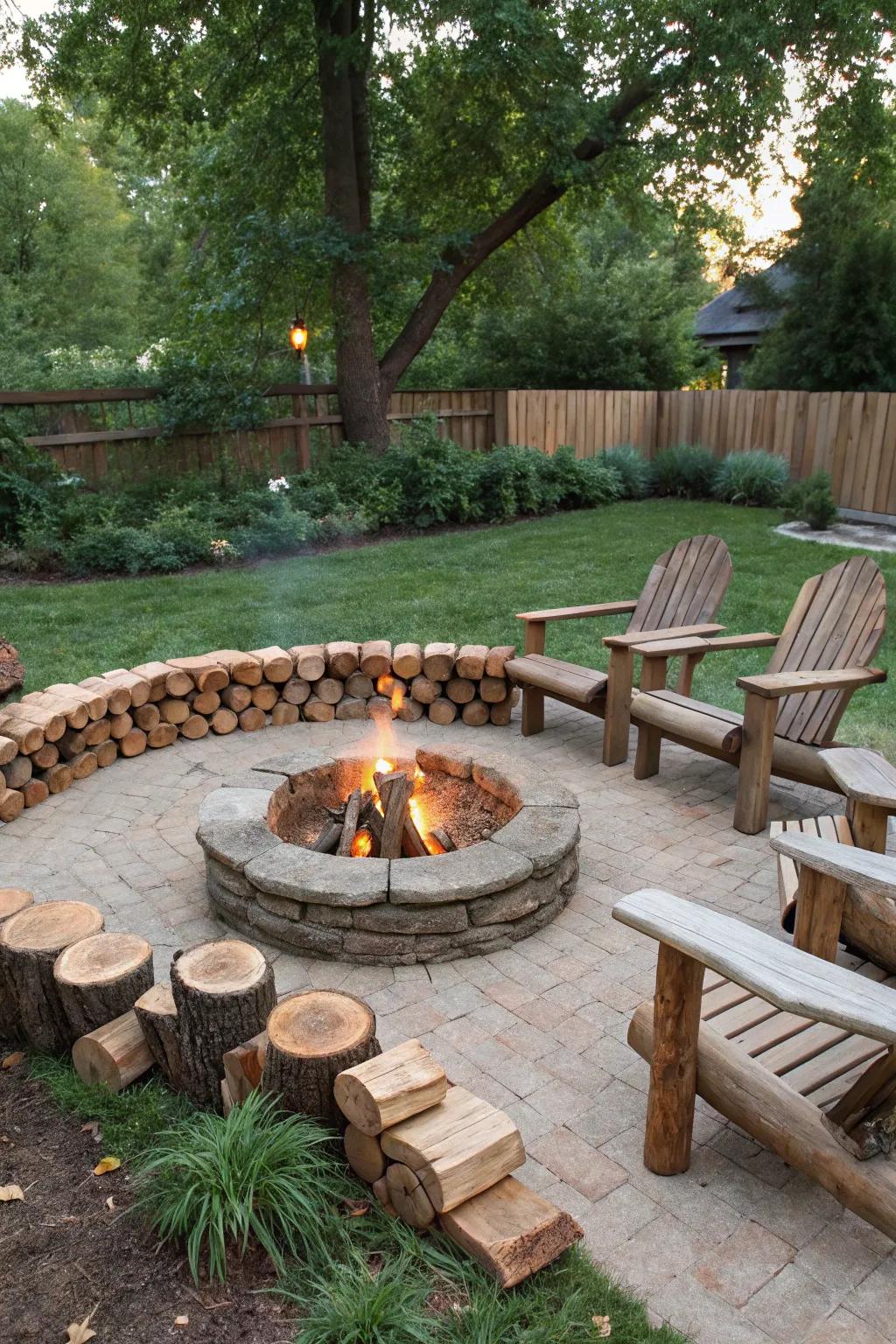 Natural log edging adds rustic charm to your fire pit setup.