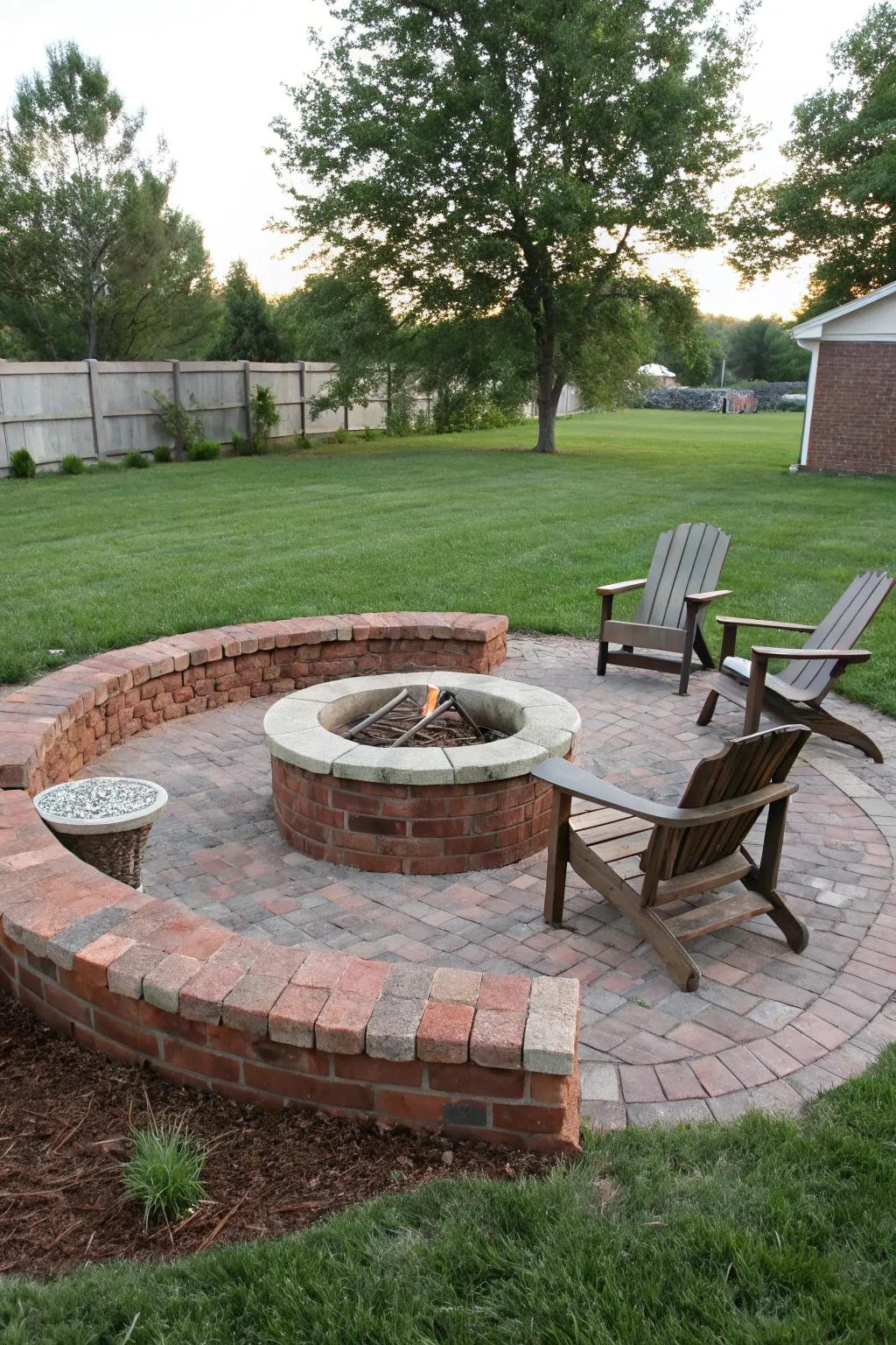 Repurposed brick fire pits offer a sustainable and stylish option.