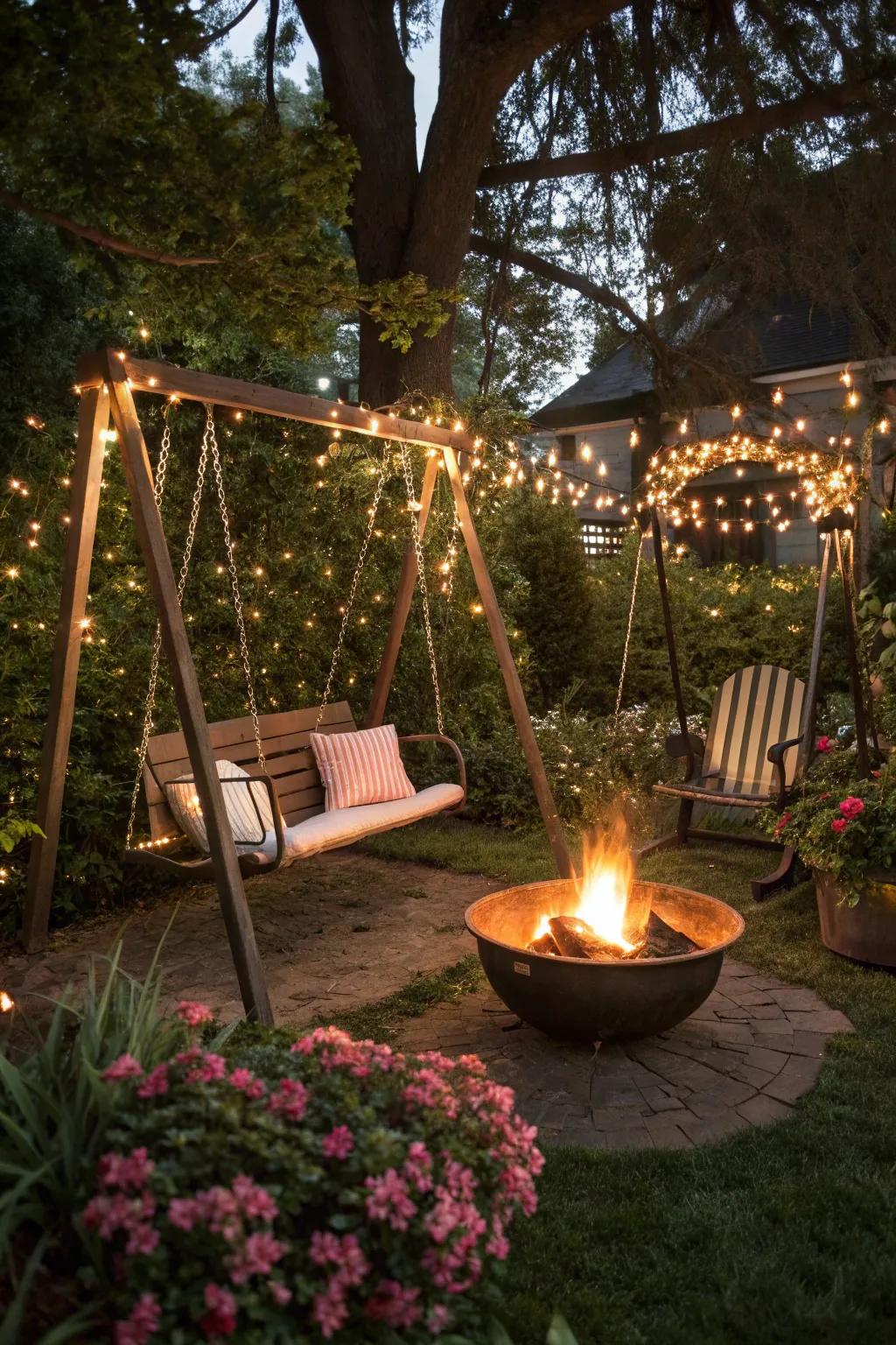 Swing seats add a playful touch to your fire pit area.