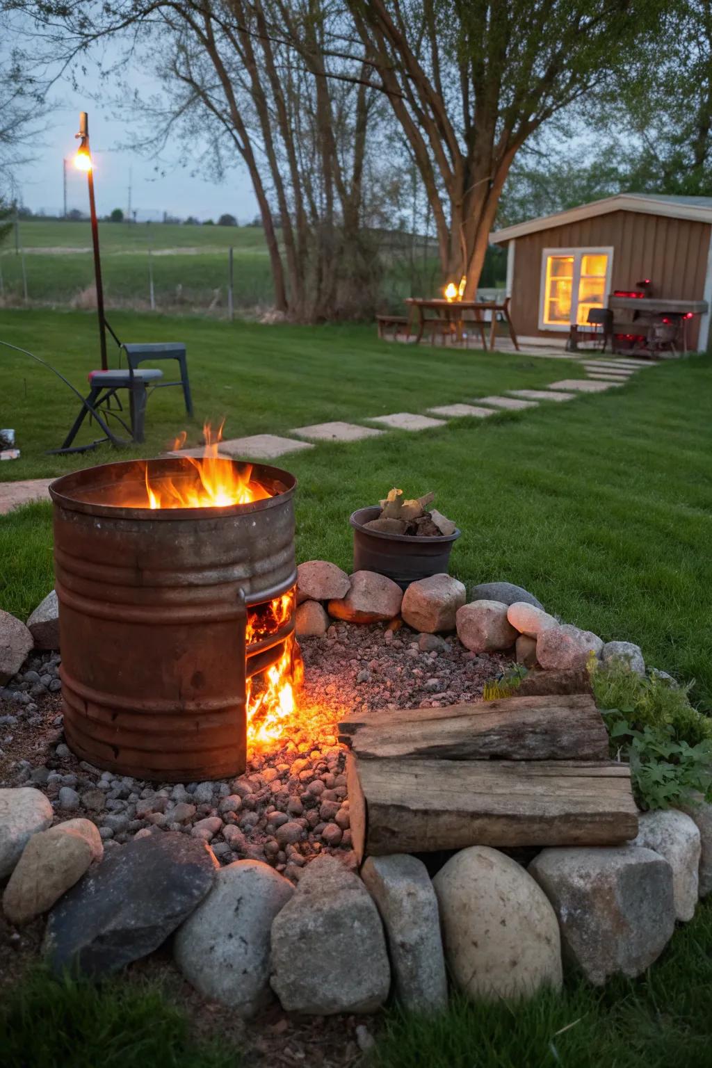 Repurposed metal fire pits make for a unique and artistic addition.