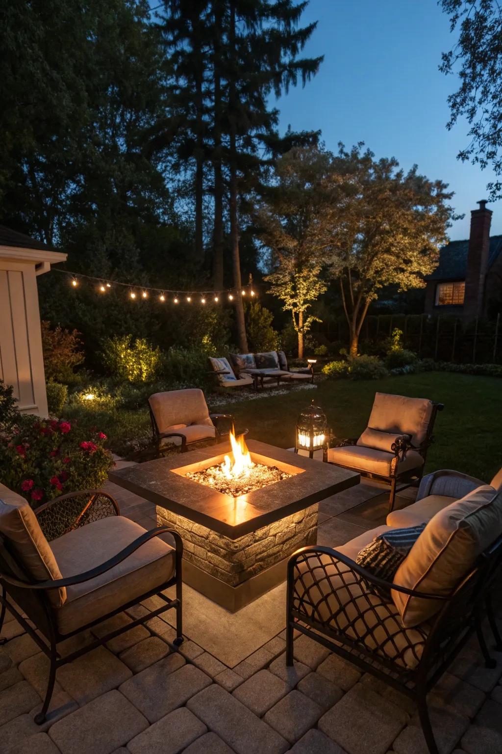 Fire pit tables serve as a stylish and functional centerpiece.