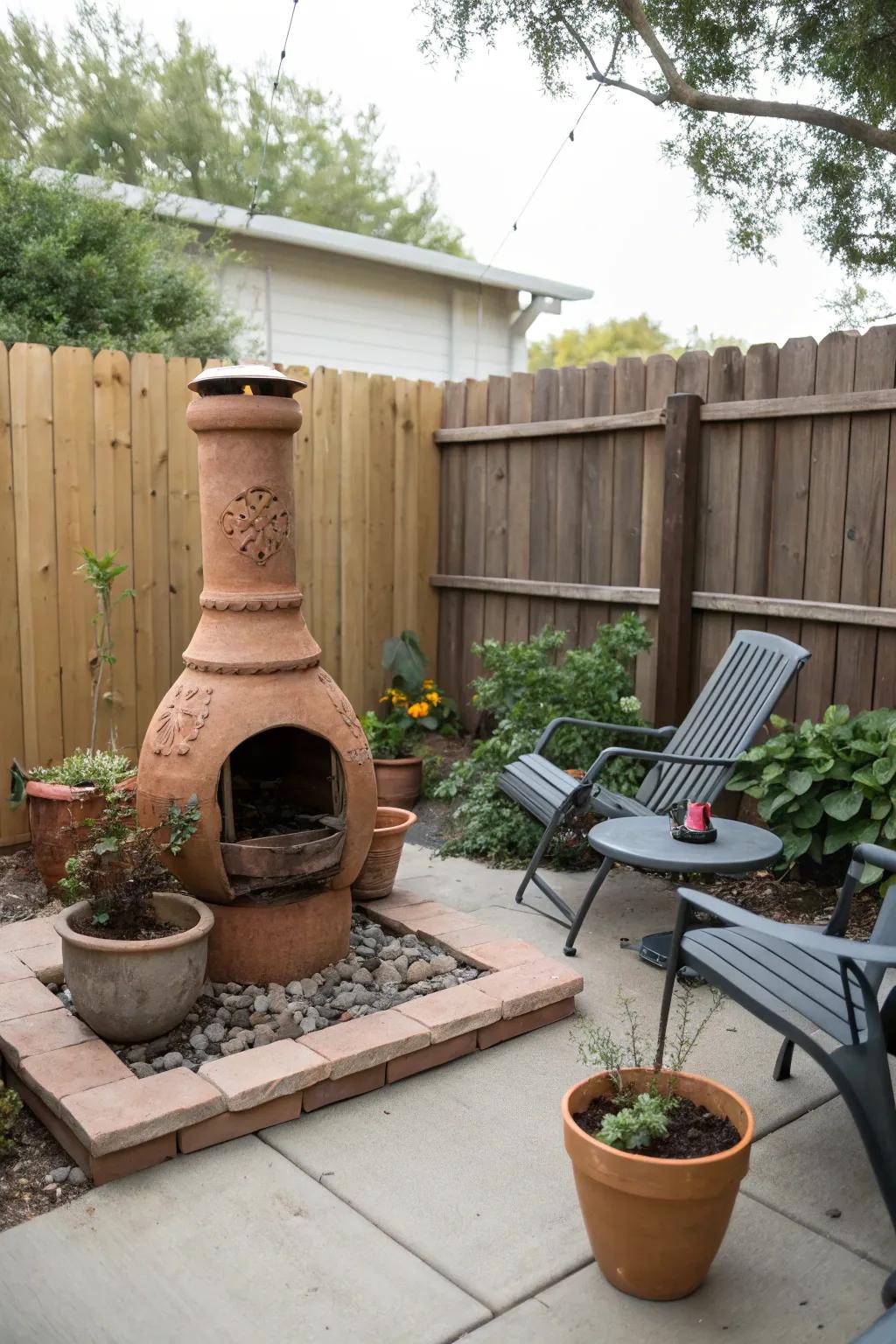 Chimineas offer a charming and efficient fire pit option.