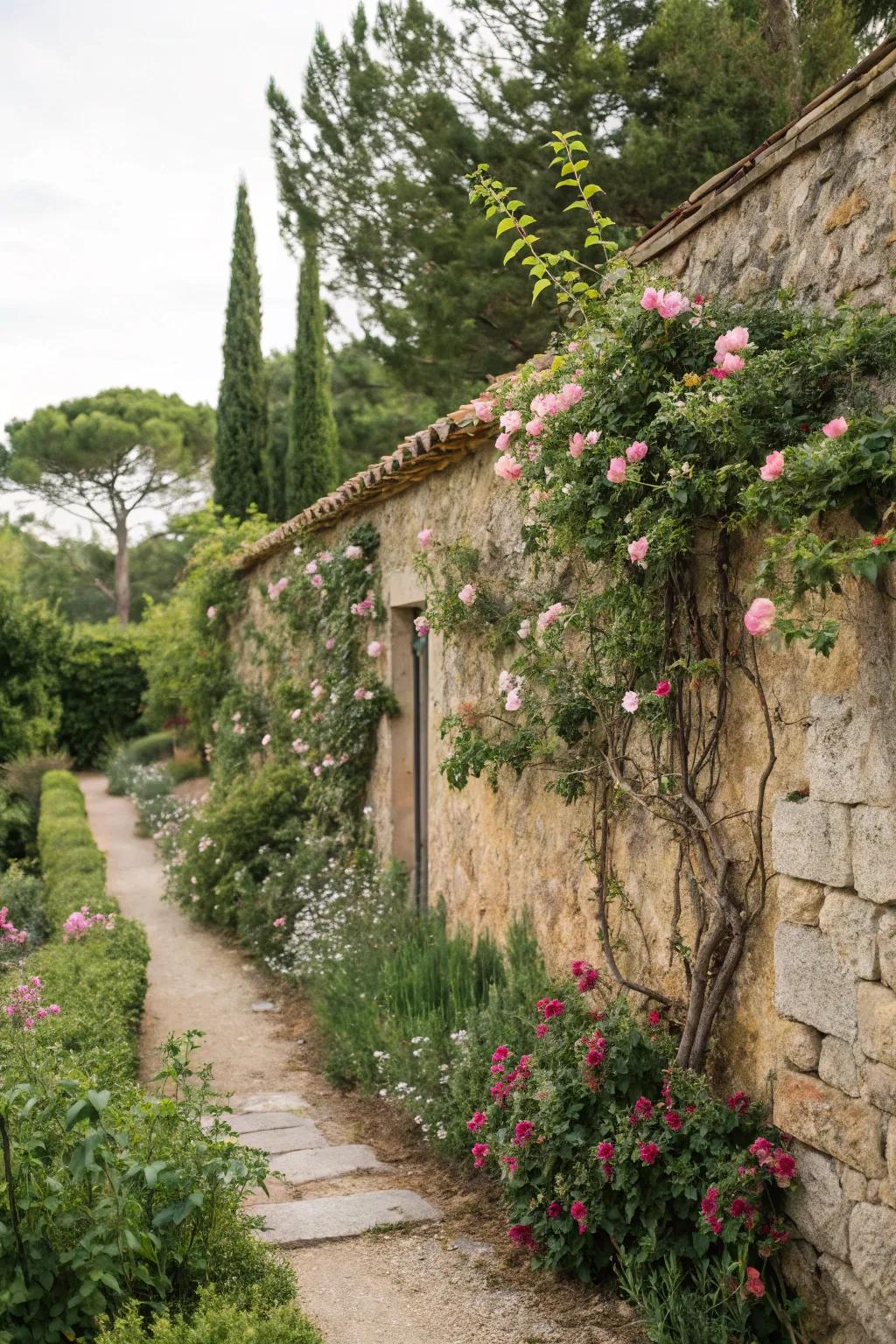 Rustic stone wall adorned with climbing greenery.