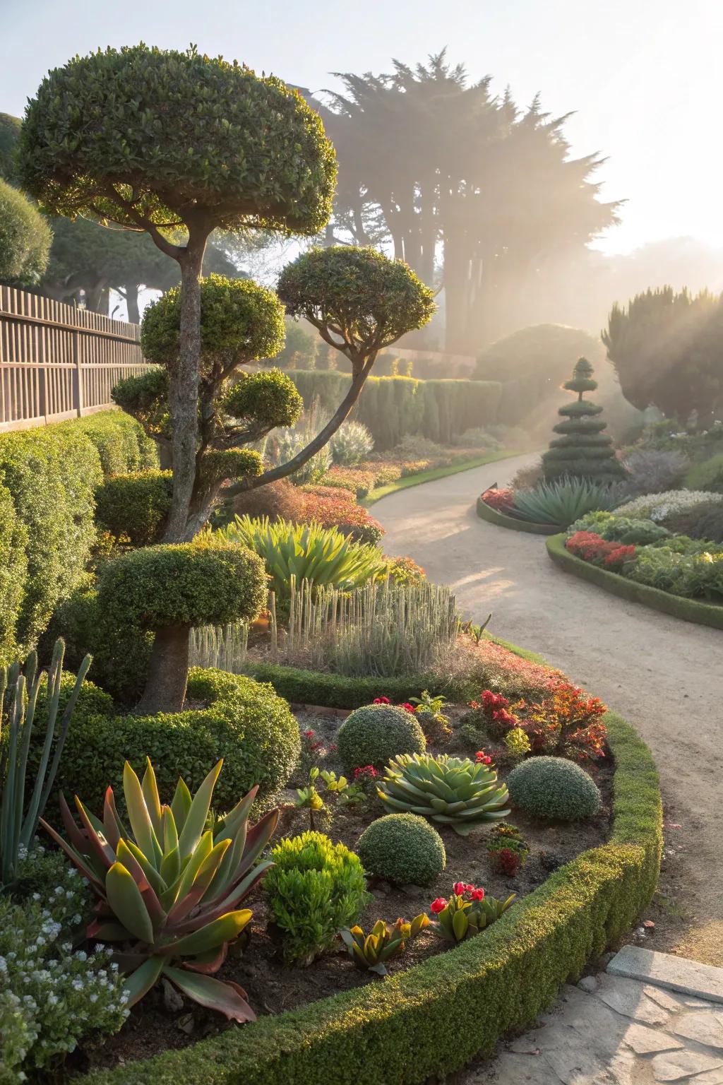 Mediterranean-style garden with topiaries and succulents.