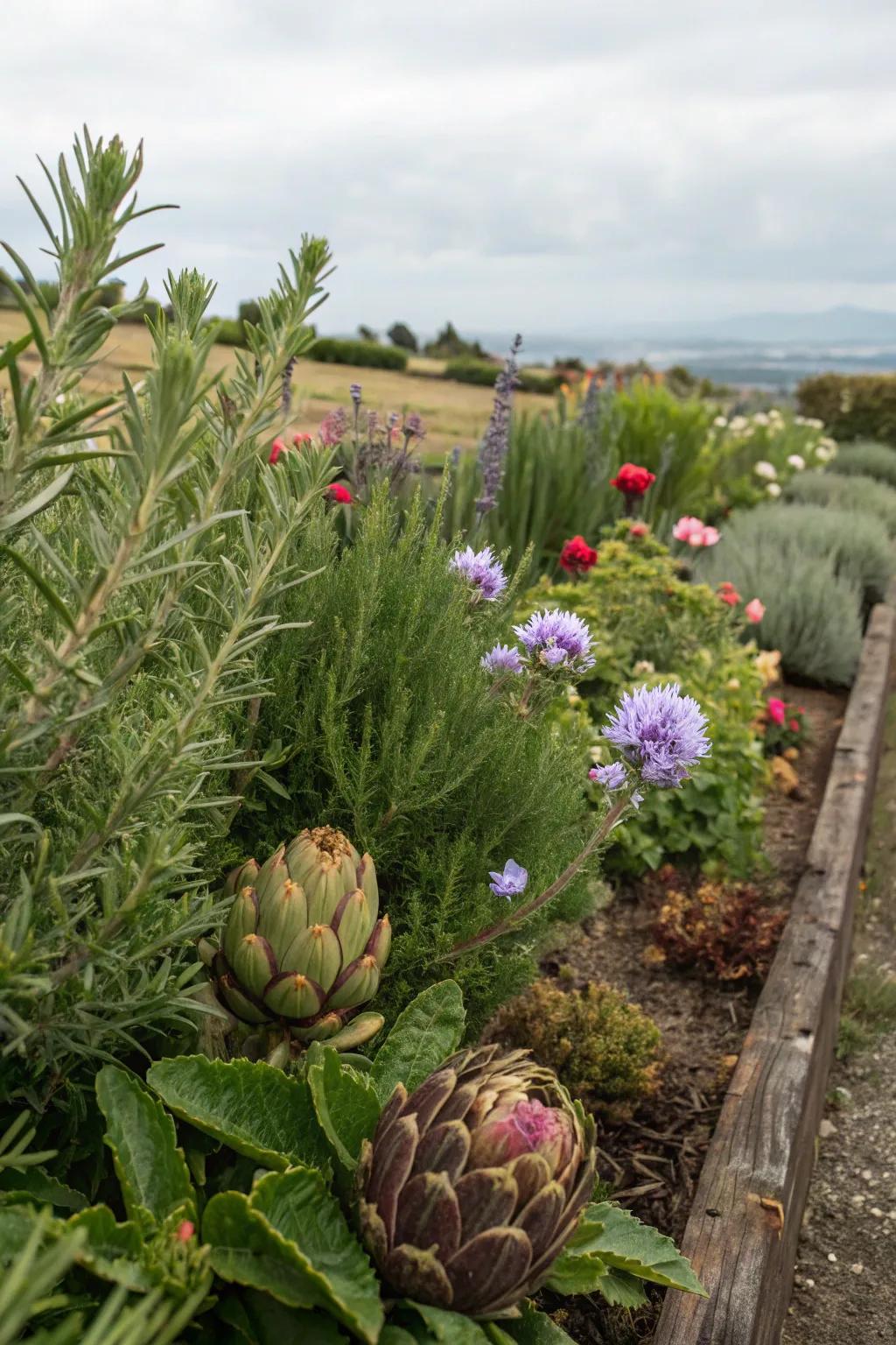 Edible plants mingling with flowers for a functional garden.