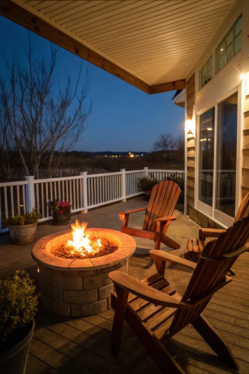 A fire feature adds warmth and an inviting glow.