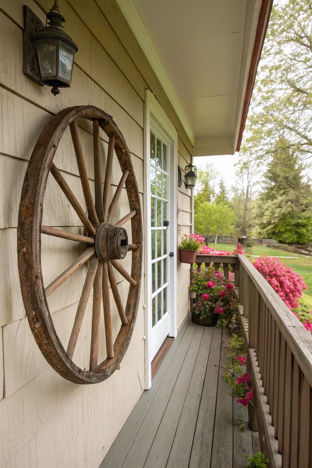 A wagon wheel brings historical charm to your porch.