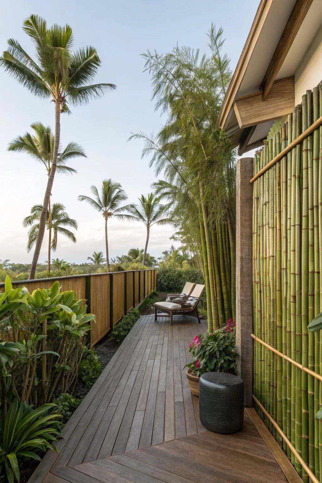 Bamboo walls bring a tropical vibe to your deck.