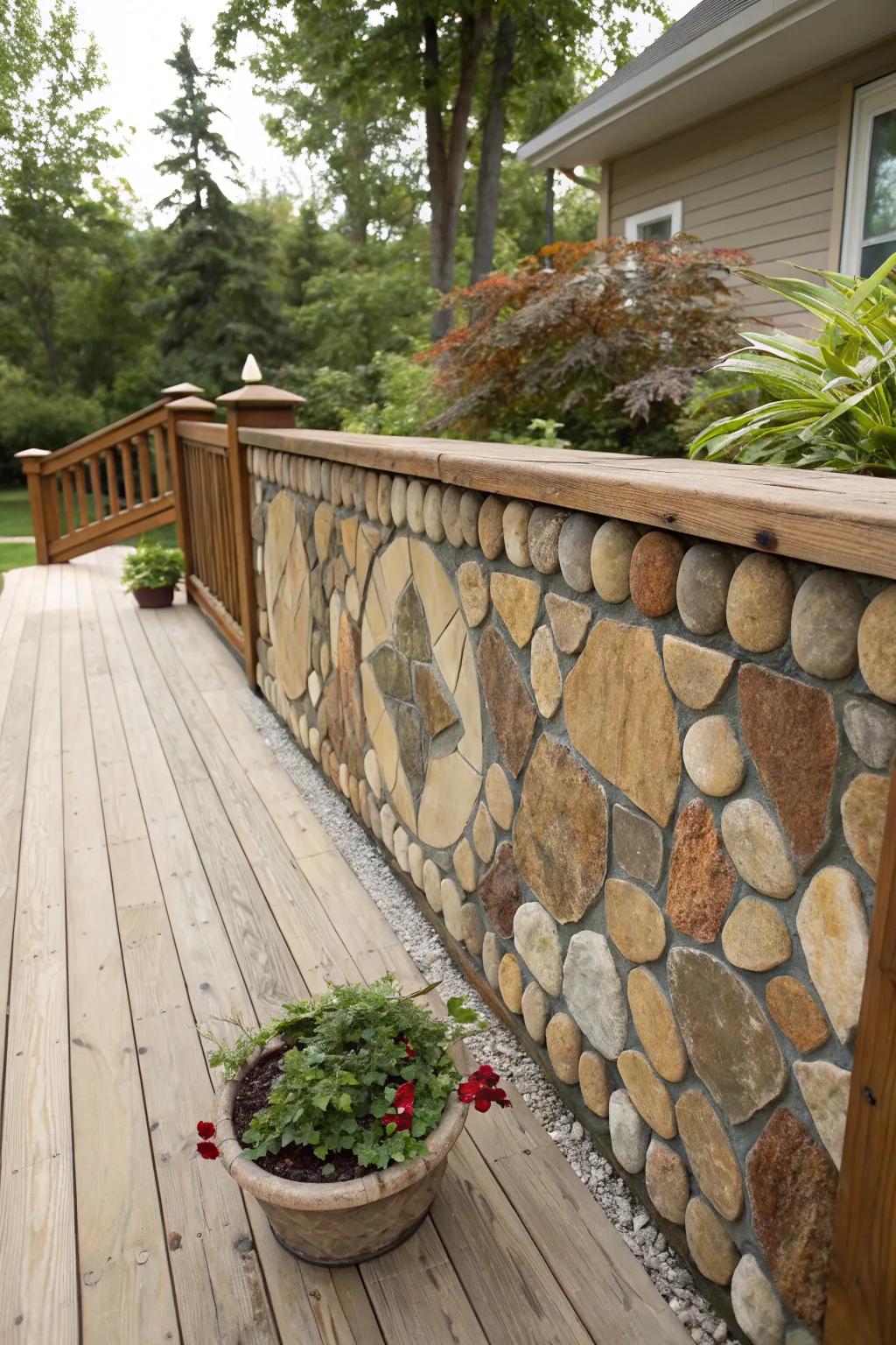 A stone mosaic wall adds an artistic flair to your deck.