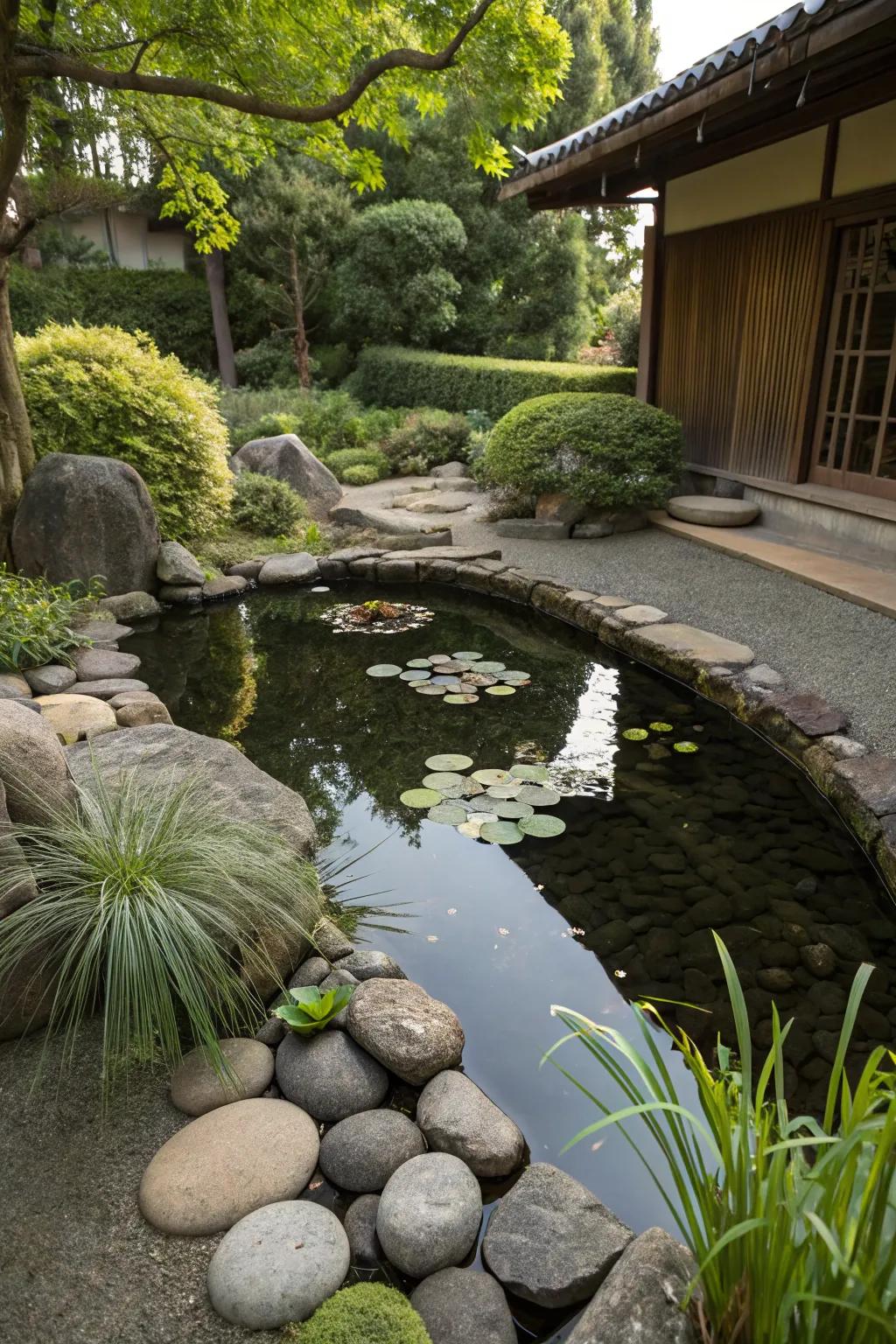 Mini container pond creating a peaceful zen corner.