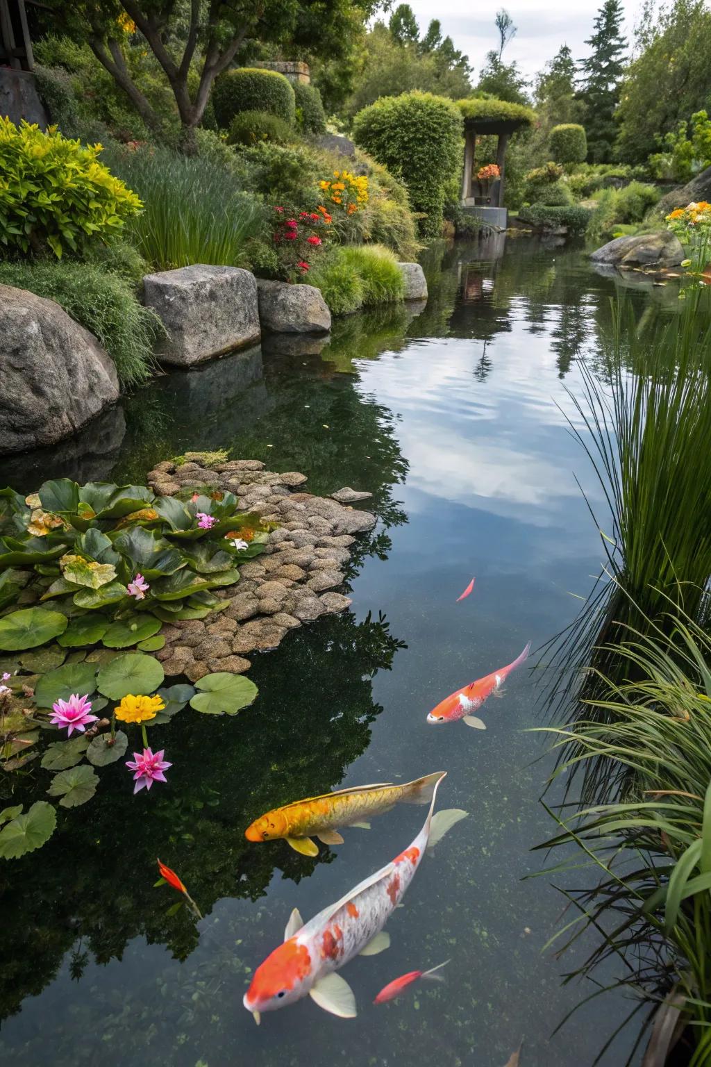 Koi fish vibrant and active in a garden pond.