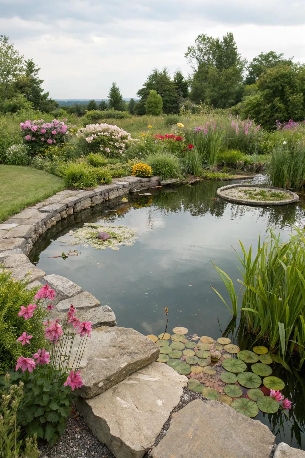 Rustic pond edged with natural stones in a garden setting.