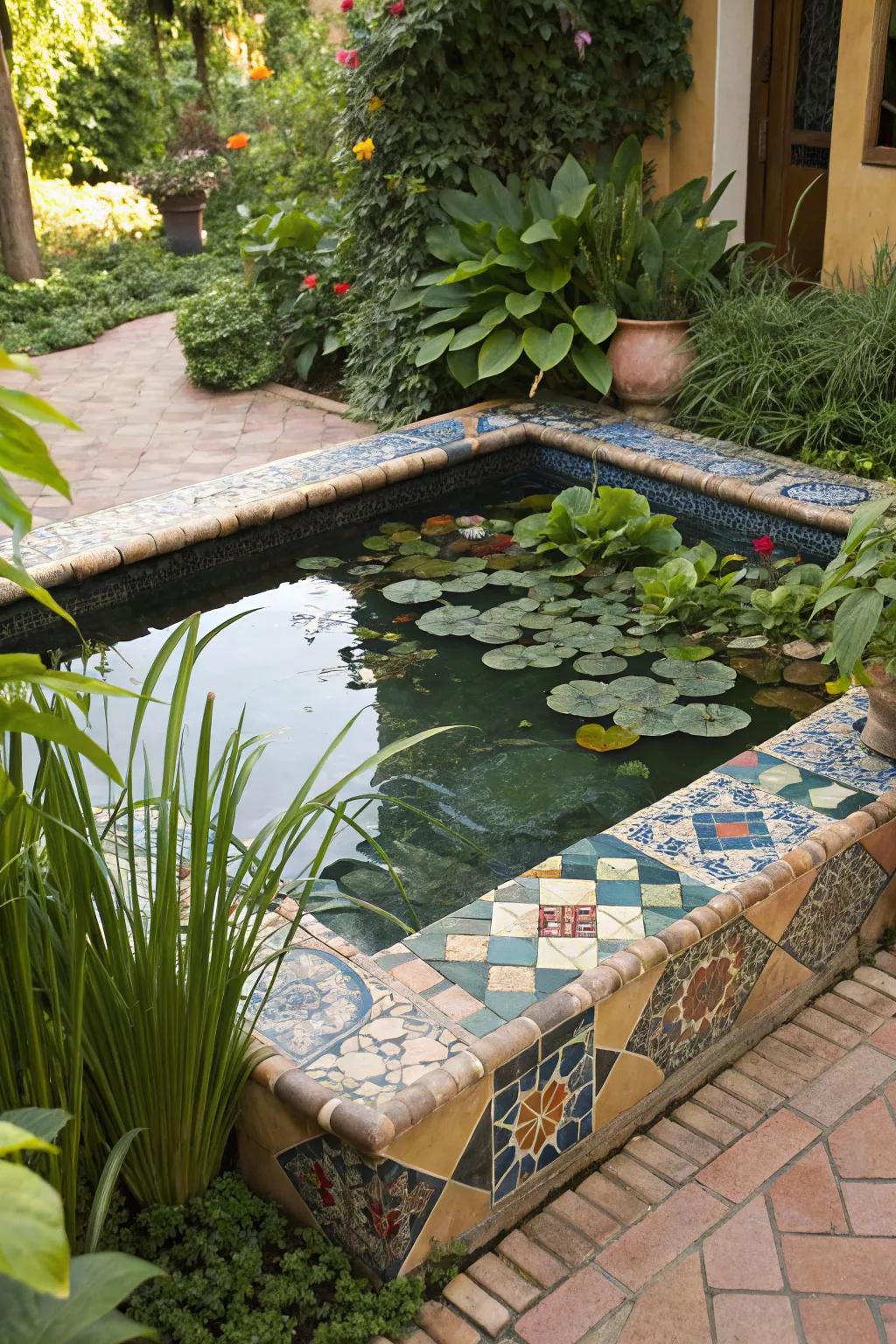 Vibrantly tiled mosaic pond adding charm to a patio garden.