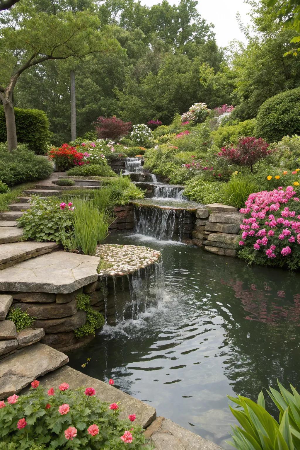 A multi-tiered pond bringing dimension and diversity to plant habitats.
