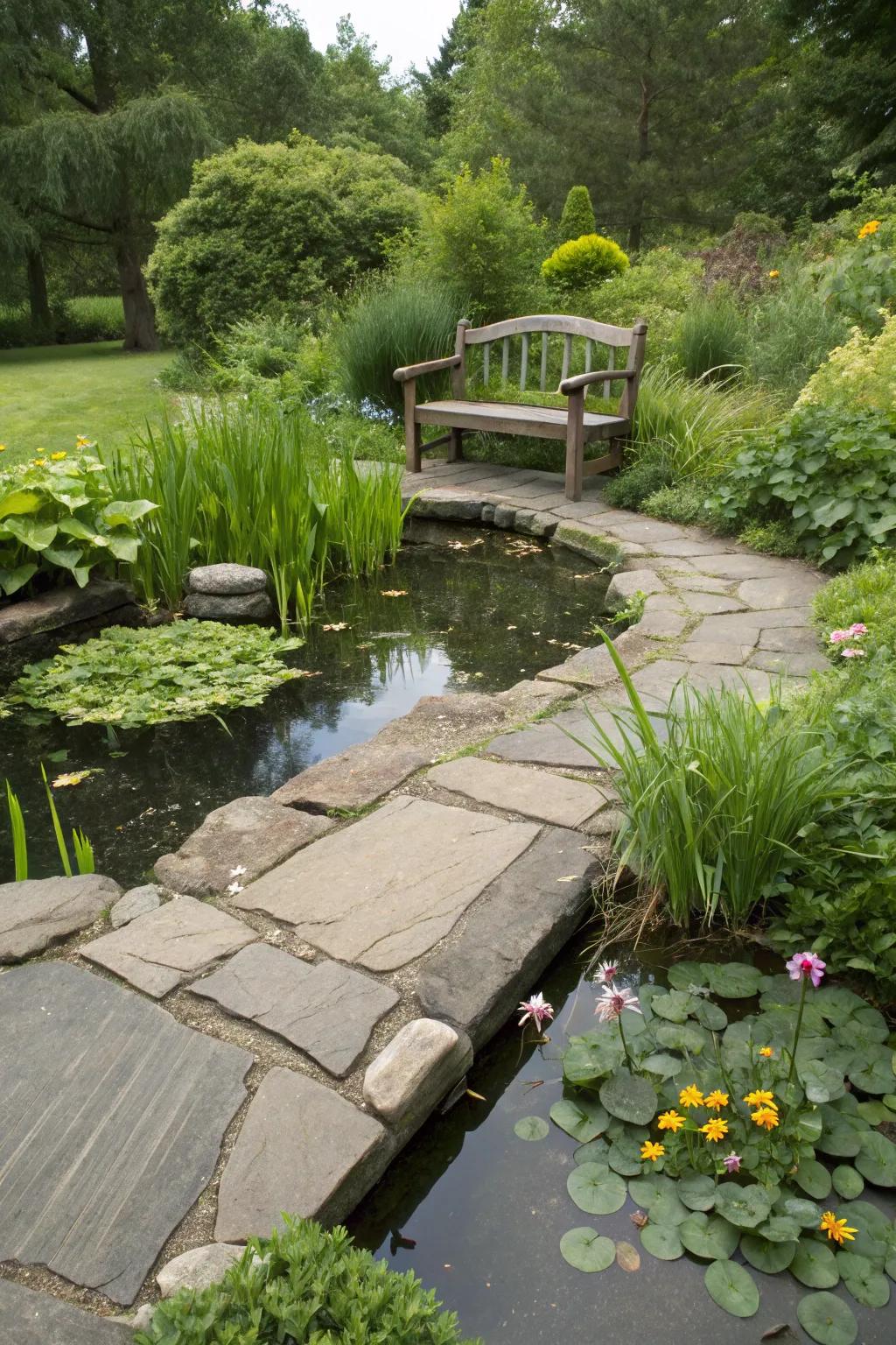 Stone pathway leading to a peaceful pond seating area.