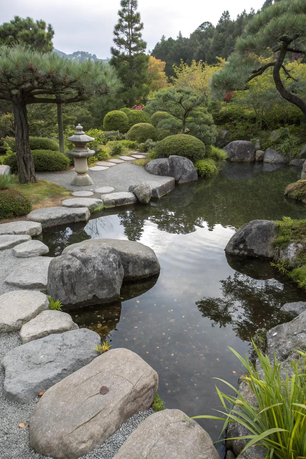 Minimalistic Japanese pond emphasizing calm and simplicity.