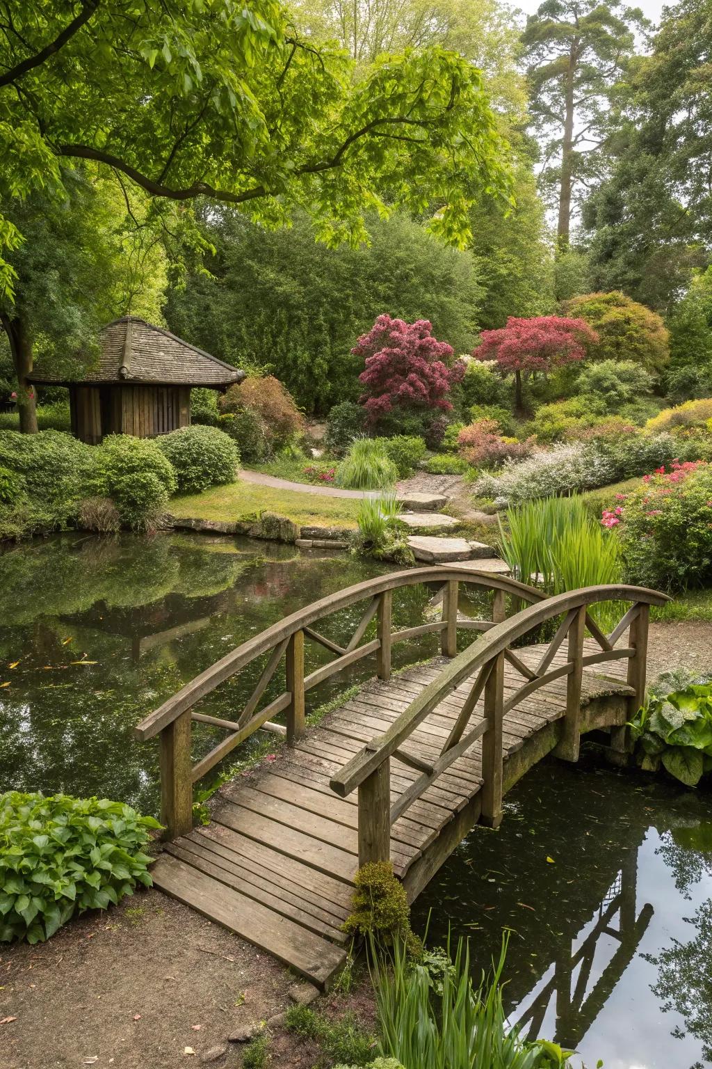 Charming miniature bridge highlighting the pond.